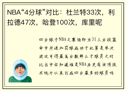 NBA“4分球”对比：杜兰特33次，利拉德47次，哈登100次，库里呢