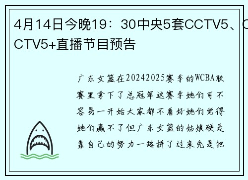 4月14日今晚19：30中央5套CCTV5、CCTV5+直播节目预告